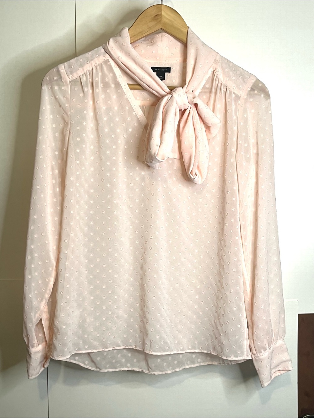 Ann Taylor Women’s Size XS Peach Sheer Tie-Neck Swiss Dot Blouse